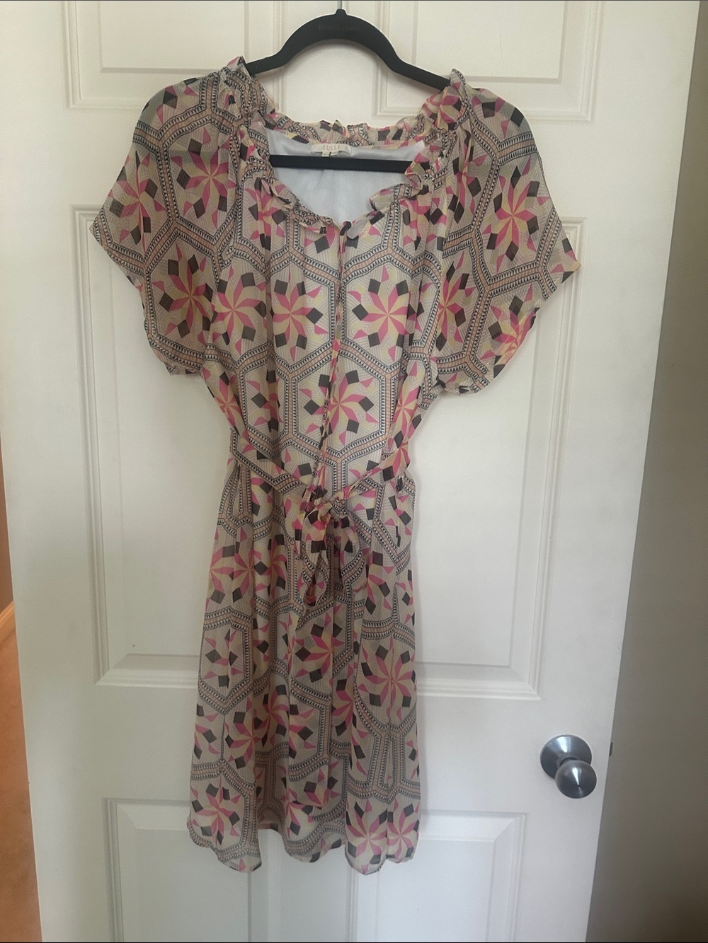 Tulle Pink and Cream Geometric Midi Dress with Tie Waist